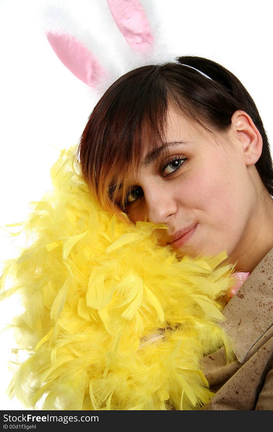 The young bunny girl with yellow feathers