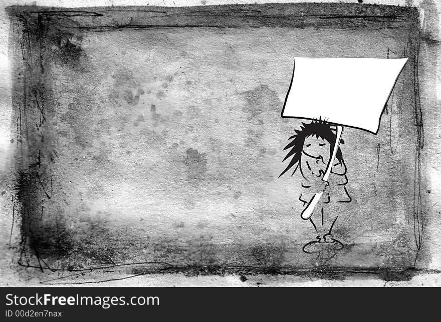 Grunge background with girl holding sign illustration. Grunge background with girl holding sign illustration