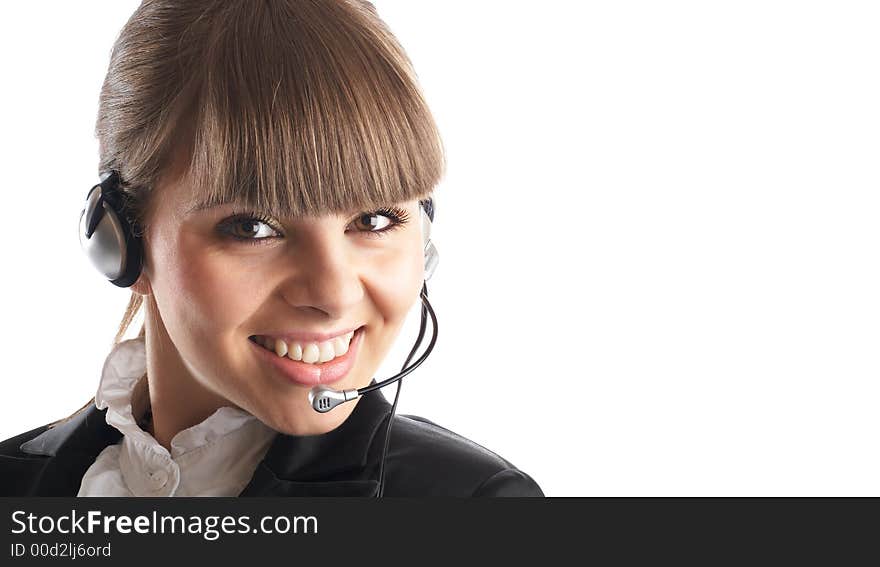 Beautiful Customer Representative with headset smiling during a telephone conversation