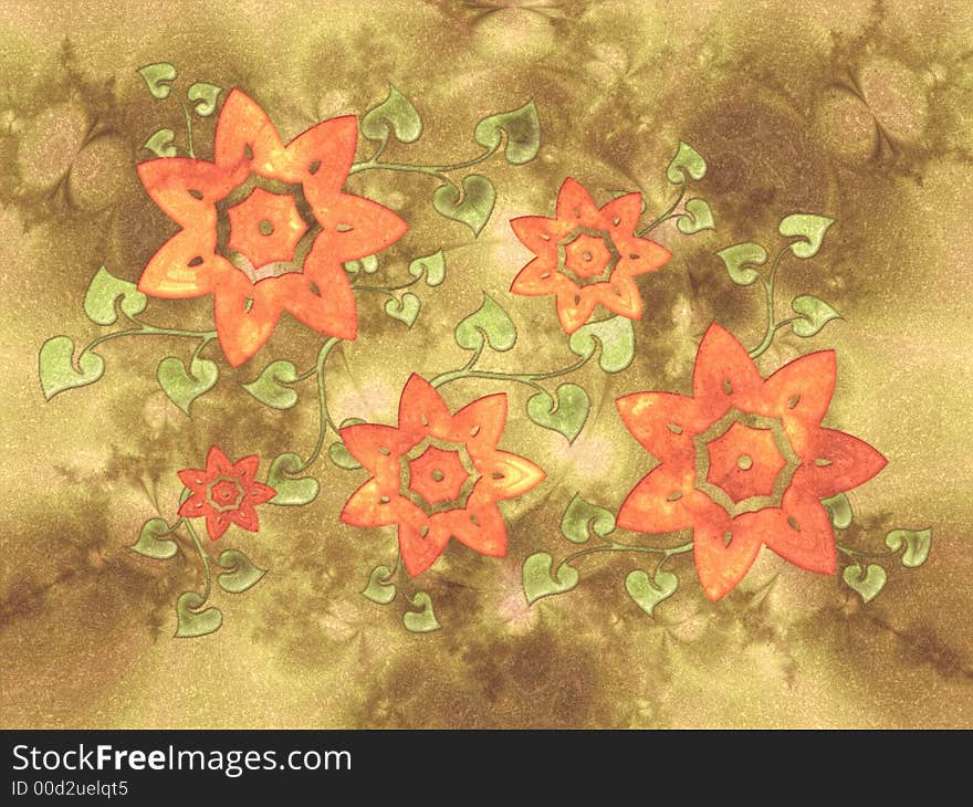 An floral texture design illustration with orange flowers and green leaves and vines on a textured background. An floral texture design illustration with orange flowers and green leaves and vines on a textured background