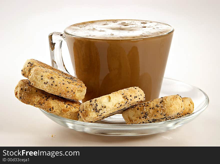 Coffee with cream and cookies-light appetizing breakfast