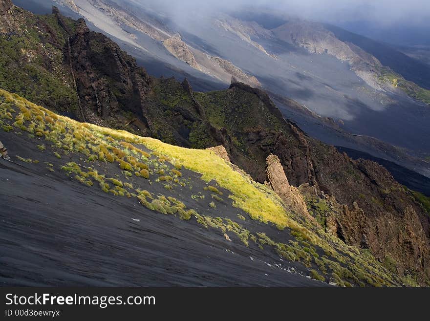 Etna landscape, volcanic rocks and grass. Etna landscape, volcanic rocks and grass