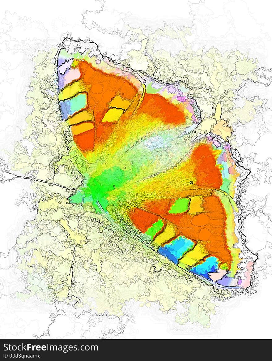 The stylized image of the bright multi-coloured butterfly close up on a light yellow background. The stylized image of the bright multi-coloured butterfly close up on a light yellow background