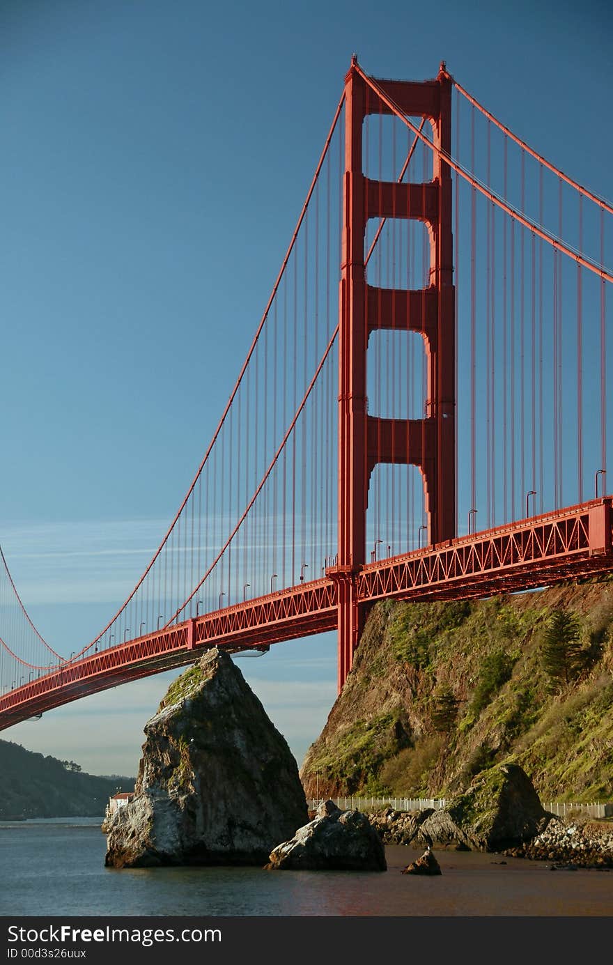 View of the north tower of the Golden Gate Bridge in San Francisco, CA. View of the north tower of the Golden Gate Bridge in San Francisco, CA