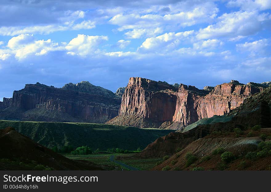 Towering rocks on the road to Zion national park in Utah, USA. Towering rocks on the road to Zion national park in Utah, USA