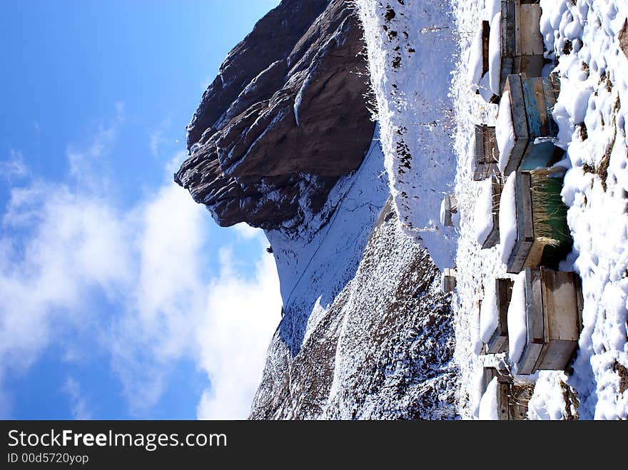 Beehives on the snow in mountain