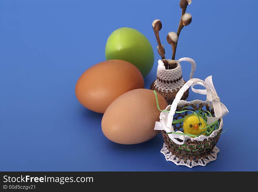 Easter decoration with eggs and lamb's tails. Easter decoration with eggs and lamb's tails