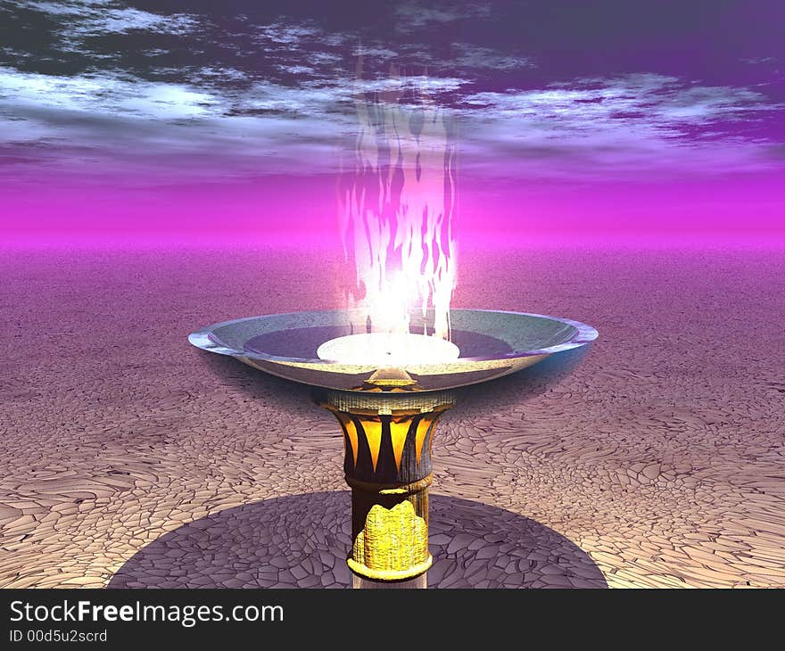 Scene of the glass chalice with fire costing in desert. Scene of the glass chalice with fire costing in desert