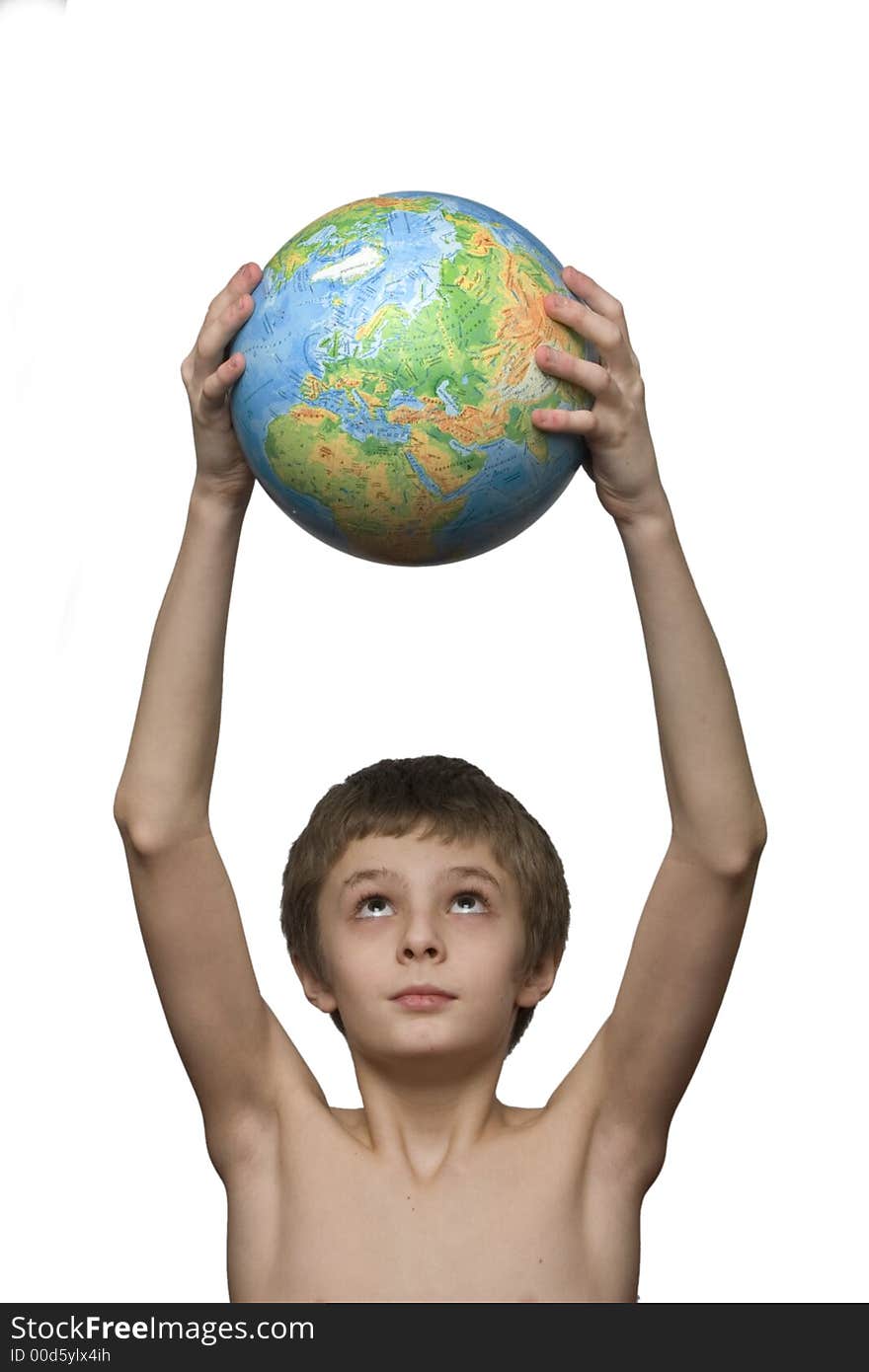 Boy holding globe model on white background. Boy holding globe model on white background