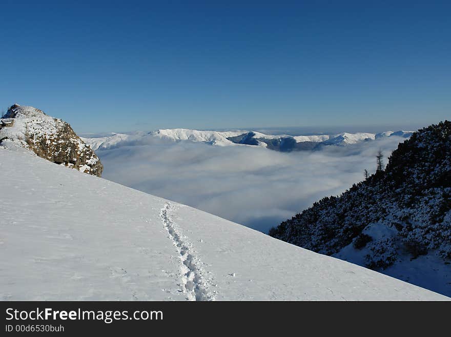 Tracks on the immaculate snow in Romanian mountains. Tracks on the immaculate snow in Romanian mountains.