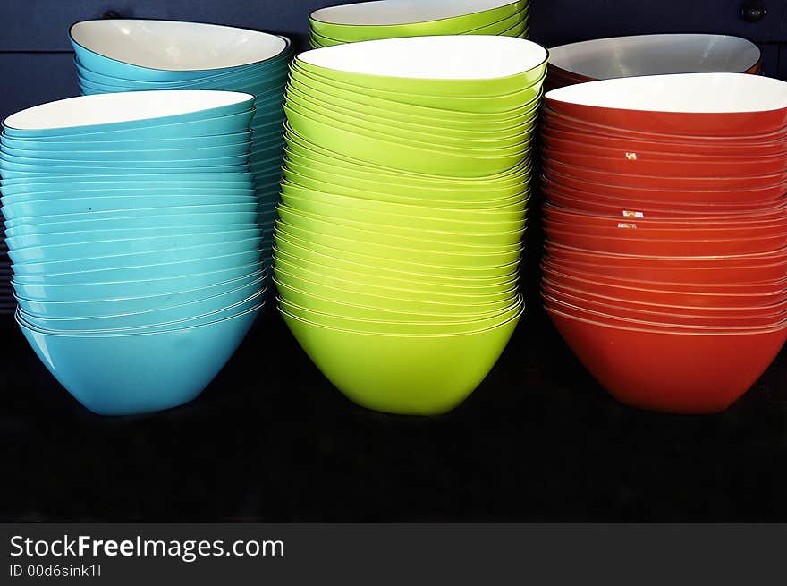 Bowls in the lively colours blue green and red