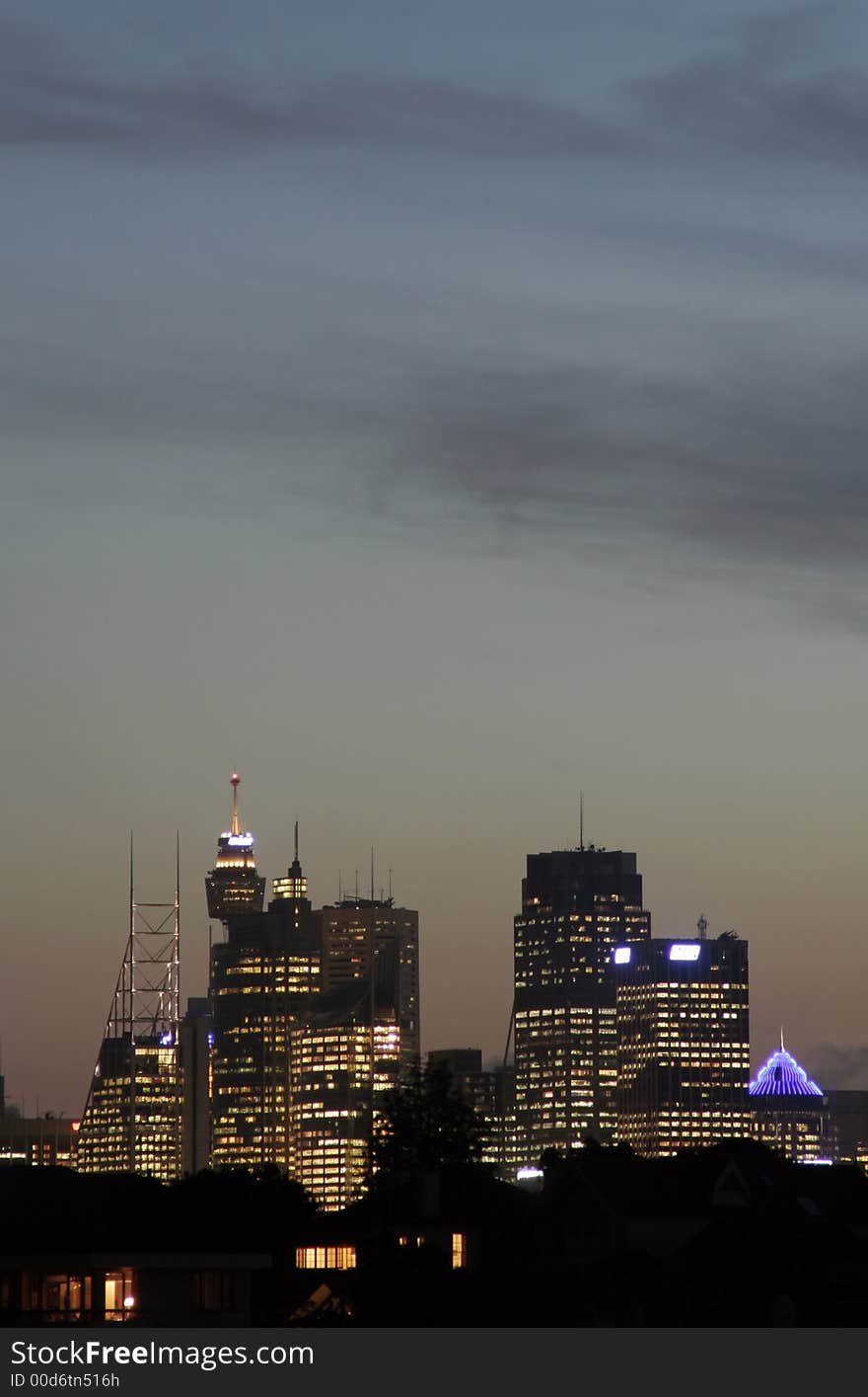 Sydney City Skyline At Sunset, Clouds, Urban Buildings, Australia. Sydney City Skyline At Sunset, Clouds, Urban Buildings, Australia