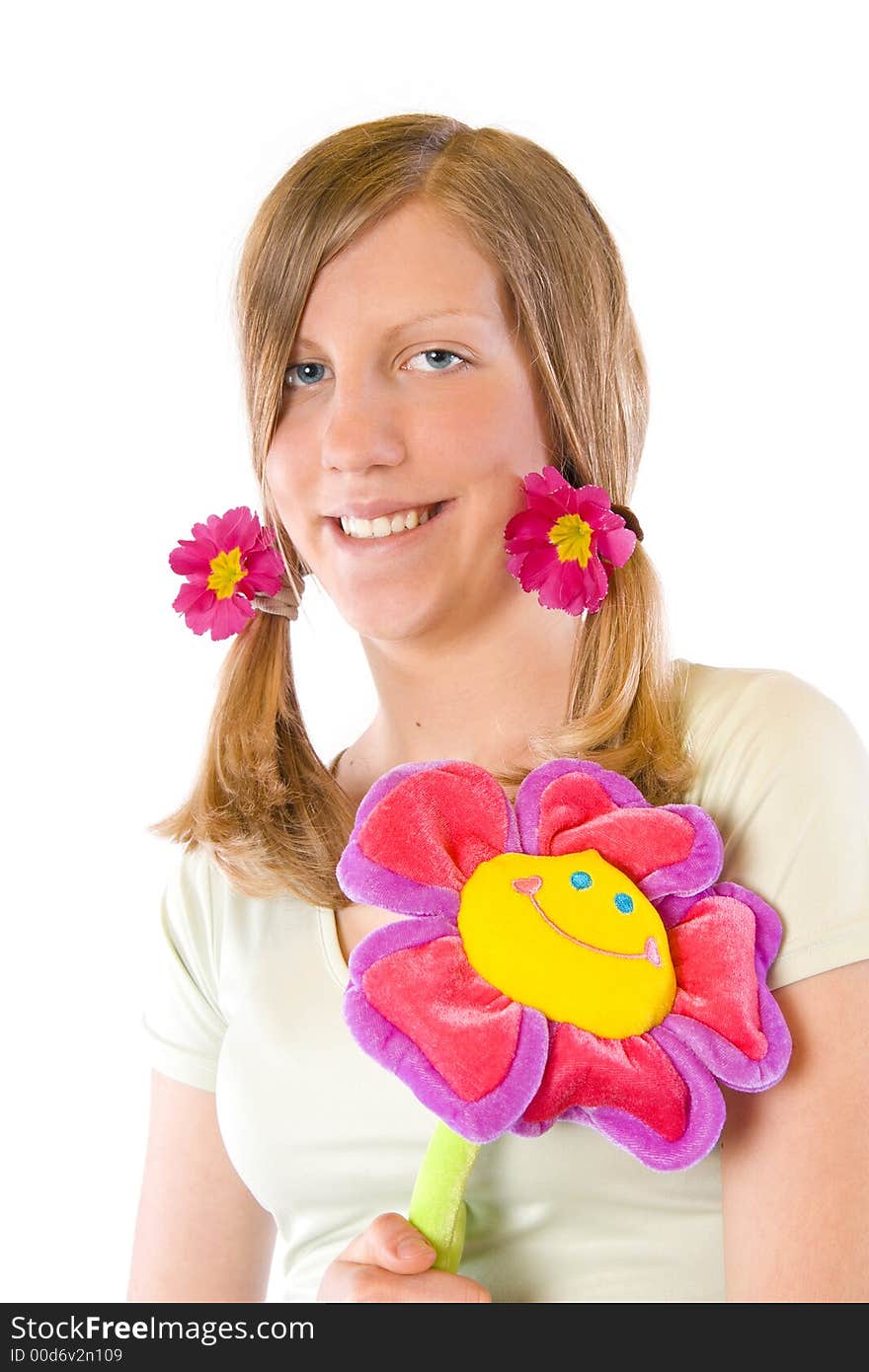 Beautiful girl holding big flower. Isolated on white. Beautiful girl holding big flower. Isolated on white.