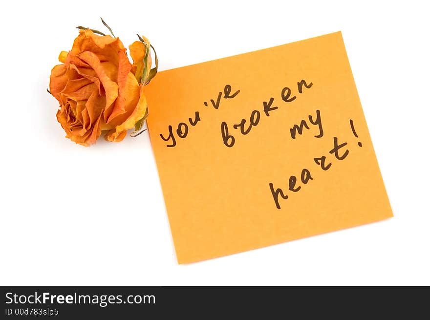 Orange note paper with inscription you`ve broken my heart  and rose bud isolated over white