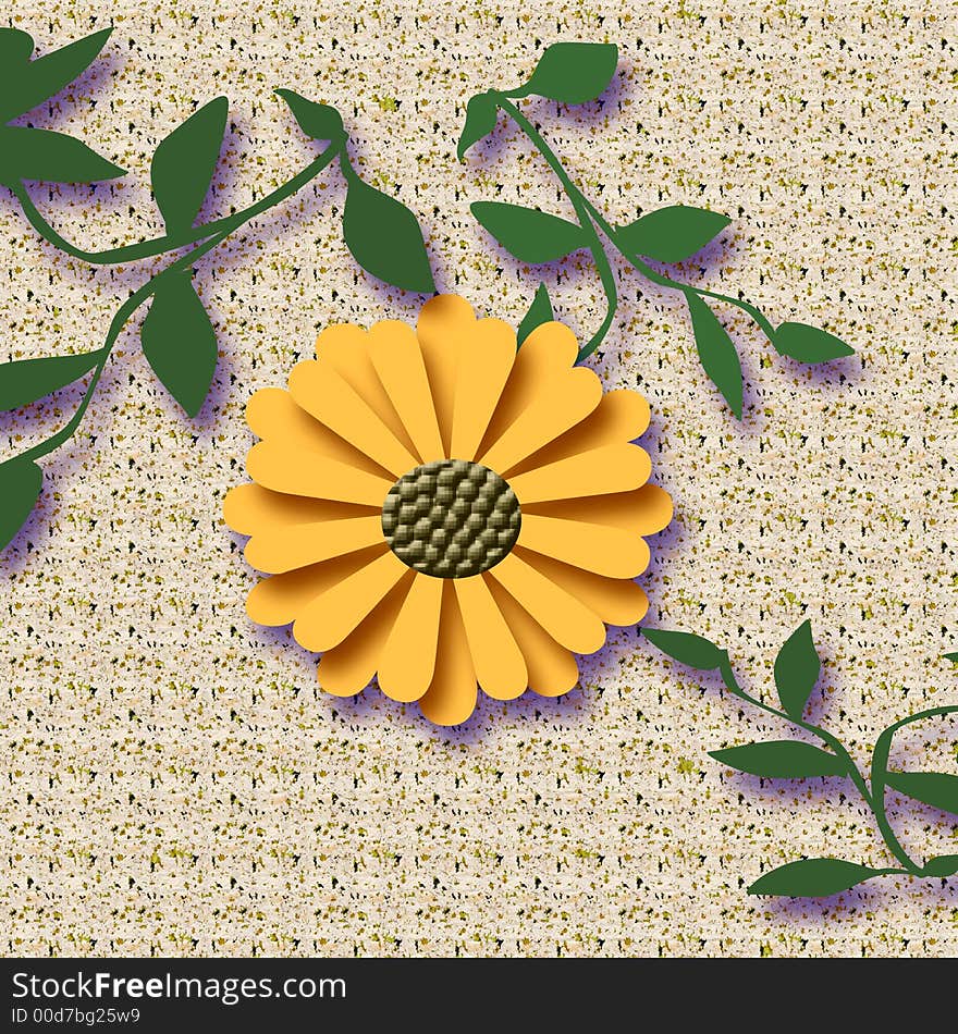 Colorful yellow sunflower and leaves on background. Colorful yellow sunflower and leaves on background