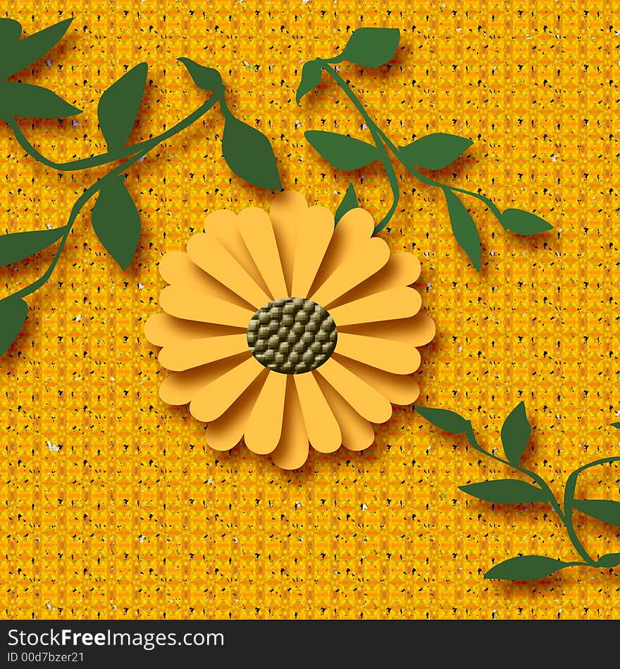 Colorful yellow sunflower and leaves on background. Colorful yellow sunflower and leaves on background