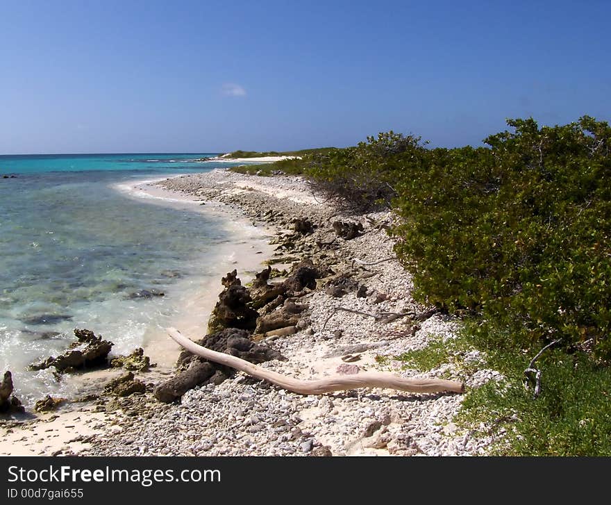 A beautiful scene at the beach, blue sky with one white cloud, white sand and the sea. A beautiful scene at the beach, blue sky with one white cloud, white sand and the sea