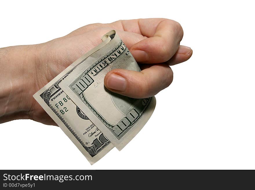 Hundred dollars in a hand on a white background