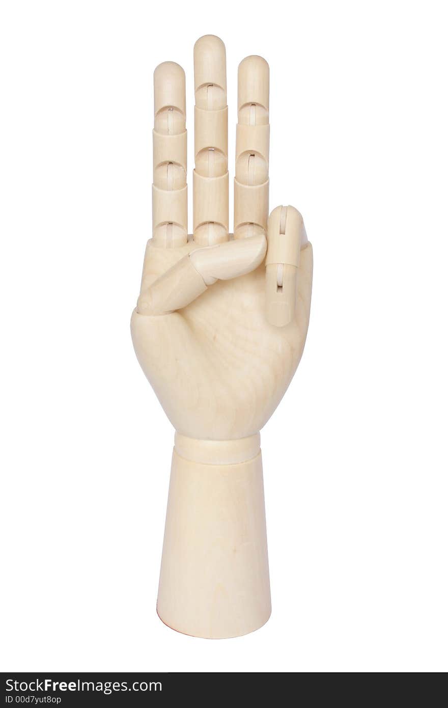 Wooden hand showing three fingers