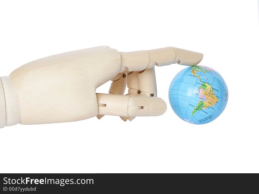 Wooden hand touching  the world