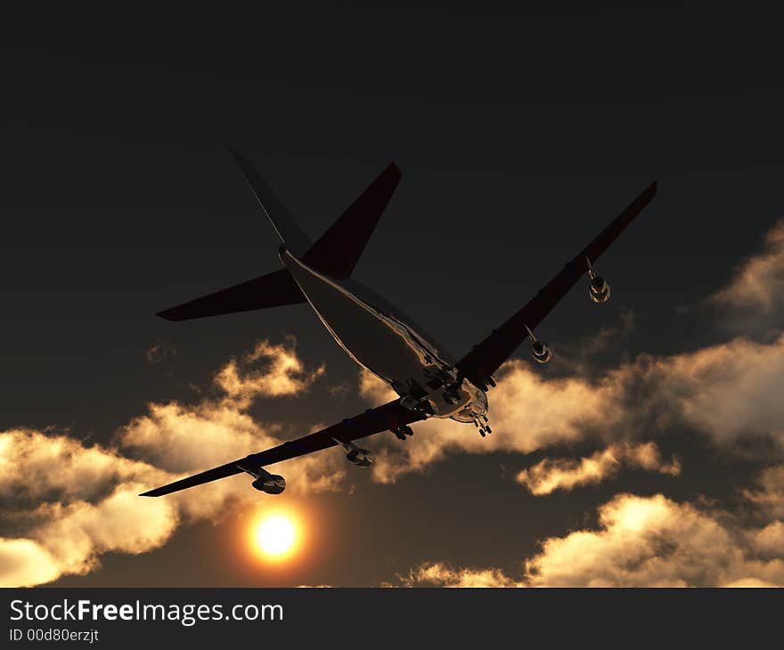 A plane flying high in a cloudy sky. A plane flying high in a cloudy sky.