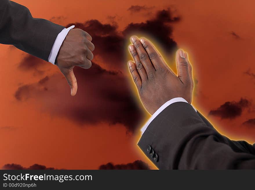 This is an image of two hands put against each other to represent Faith and Doubt. The white glow round the fingers emphasises divinity. This is an image of two hands put against each other to represent Faith and Doubt. The white glow round the fingers emphasises divinity.