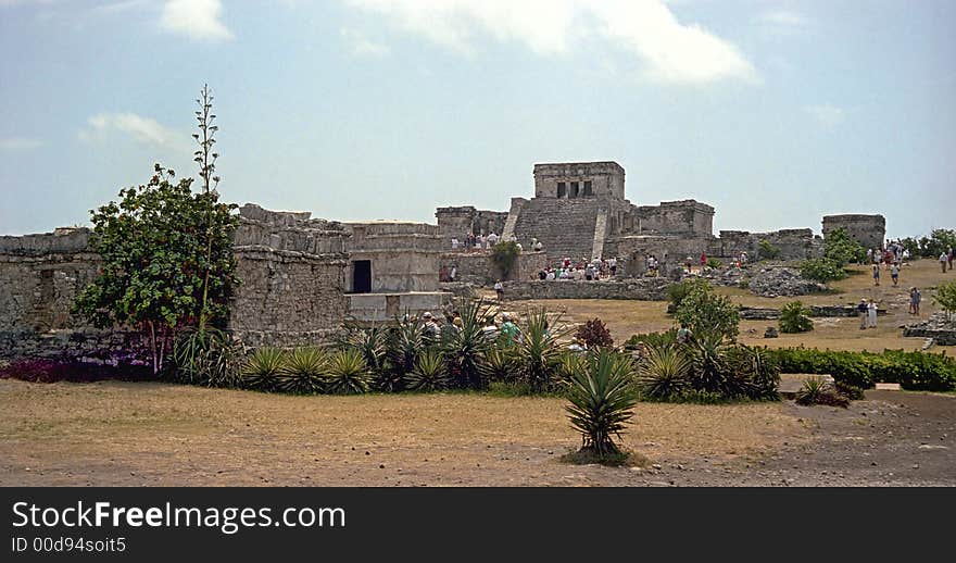 Temple Ruins at Tulum with Tourists, Mexico