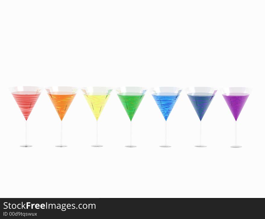 The colours of the rainbow represented by glasses with liquids. The colours of the rainbow represented by glasses with liquids