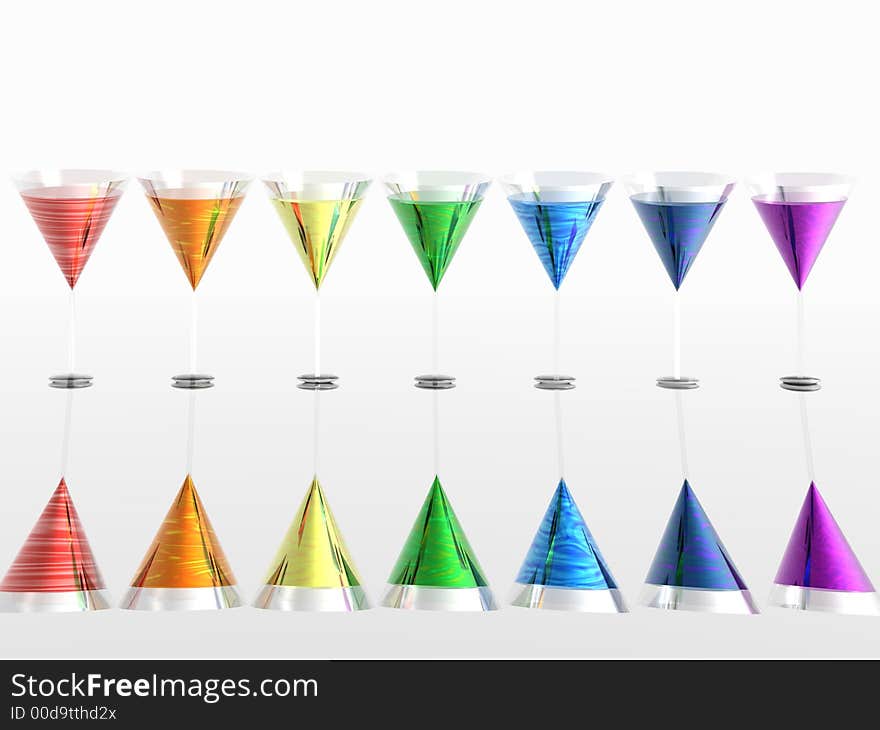 The colours of the rainbow represented by glasses with liquids reflected on silver. The colours of the rainbow represented by glasses with liquids reflected on silver