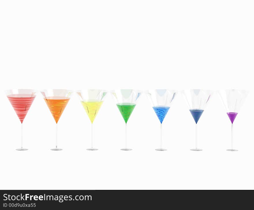 The colours of the rainbow represented by glasses with descending liquids