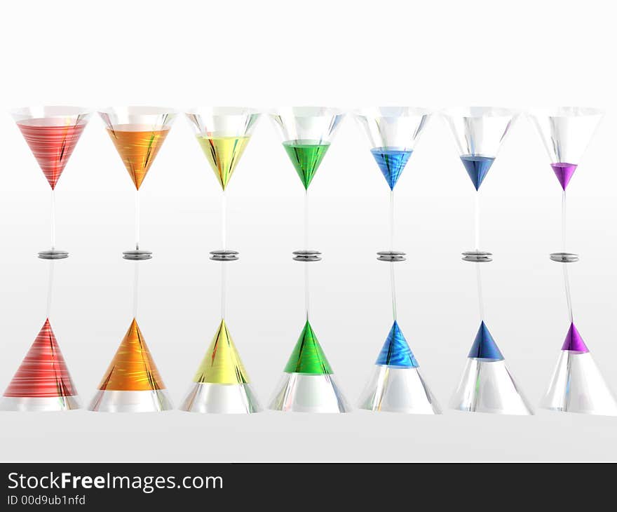 The colours of the rainbow represented by glasses with liquids. Descending and with silver reflection. The colours of the rainbow represented by glasses with liquids. Descending and with silver reflection