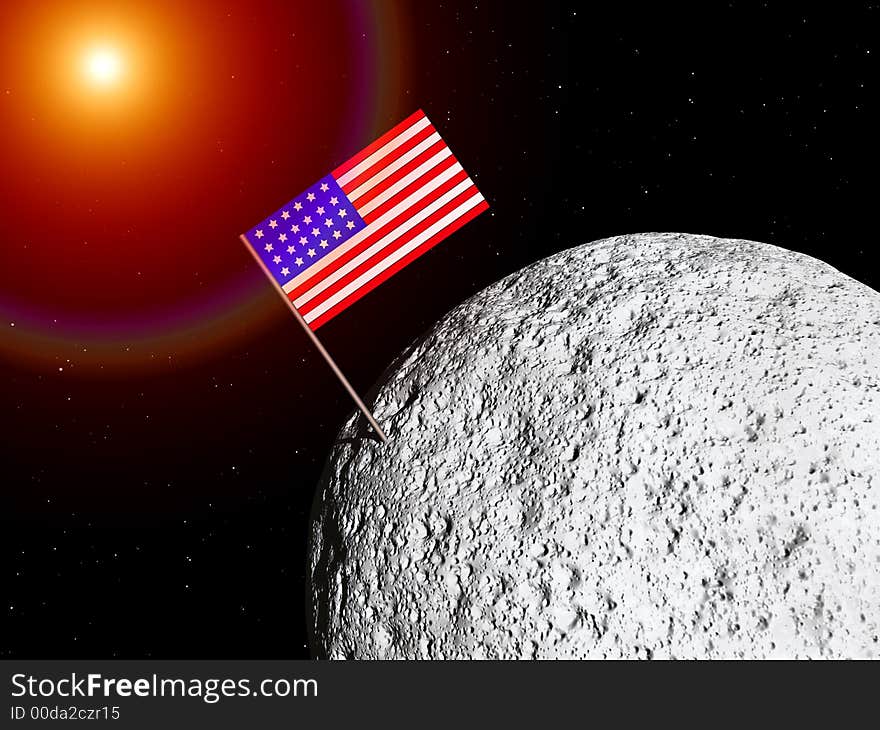 A conceptual image of the US flag on a moon. A conceptual image of the US flag on a moon.