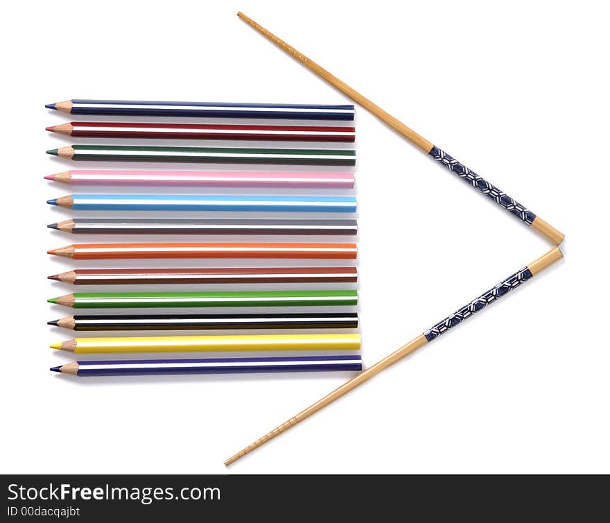 Abstract arrow constructed with pencils and chopsticks isolated over white background. Abstract arrow constructed with pencils and chopsticks isolated over white background