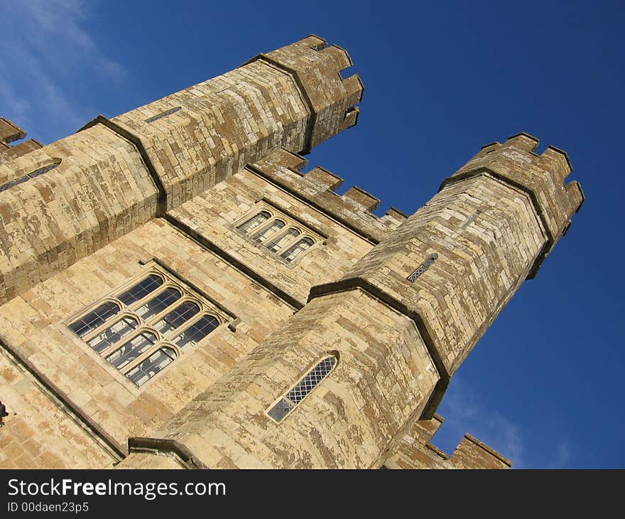 This image depicts a close-up of one of the towers at Leeds Castle, England.