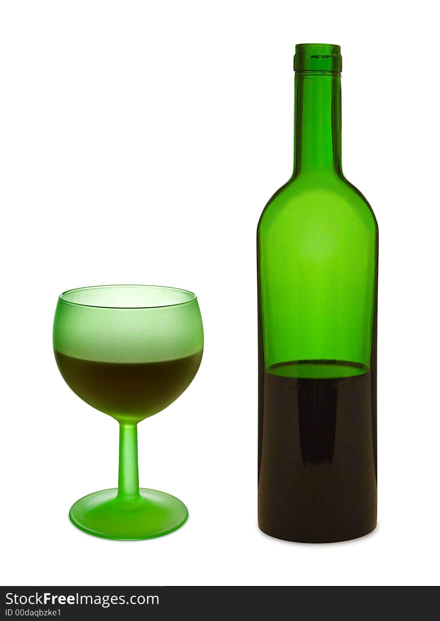 Green Glass With Red Wine And Bottle