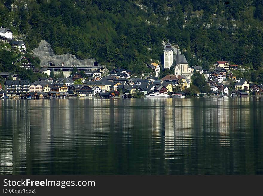 View on Hallstatt town from the lake - small town on Hallstatt lake - Salzkammergut - Austria