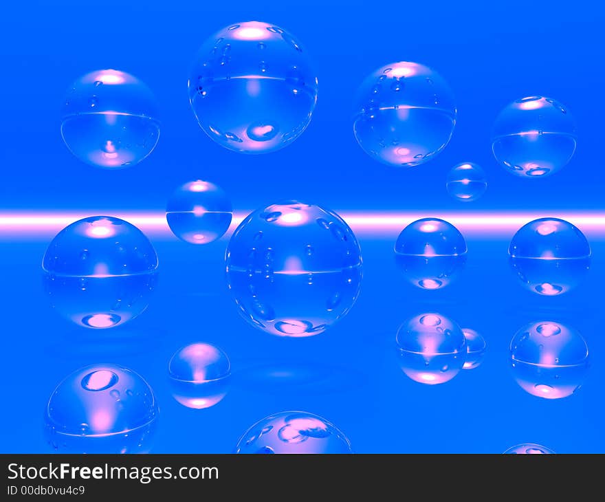 Rising blue balls with reflection on mirror surface - digital artwork. Rising blue balls with reflection on mirror surface - digital artwork.