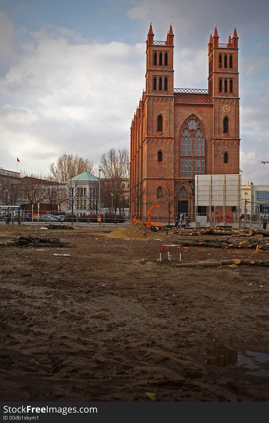 The Werdersche Church in Berlin (now sculpture museum) amid construction sites. The Werdersche Church in Berlin (now sculpture museum) amid construction sites