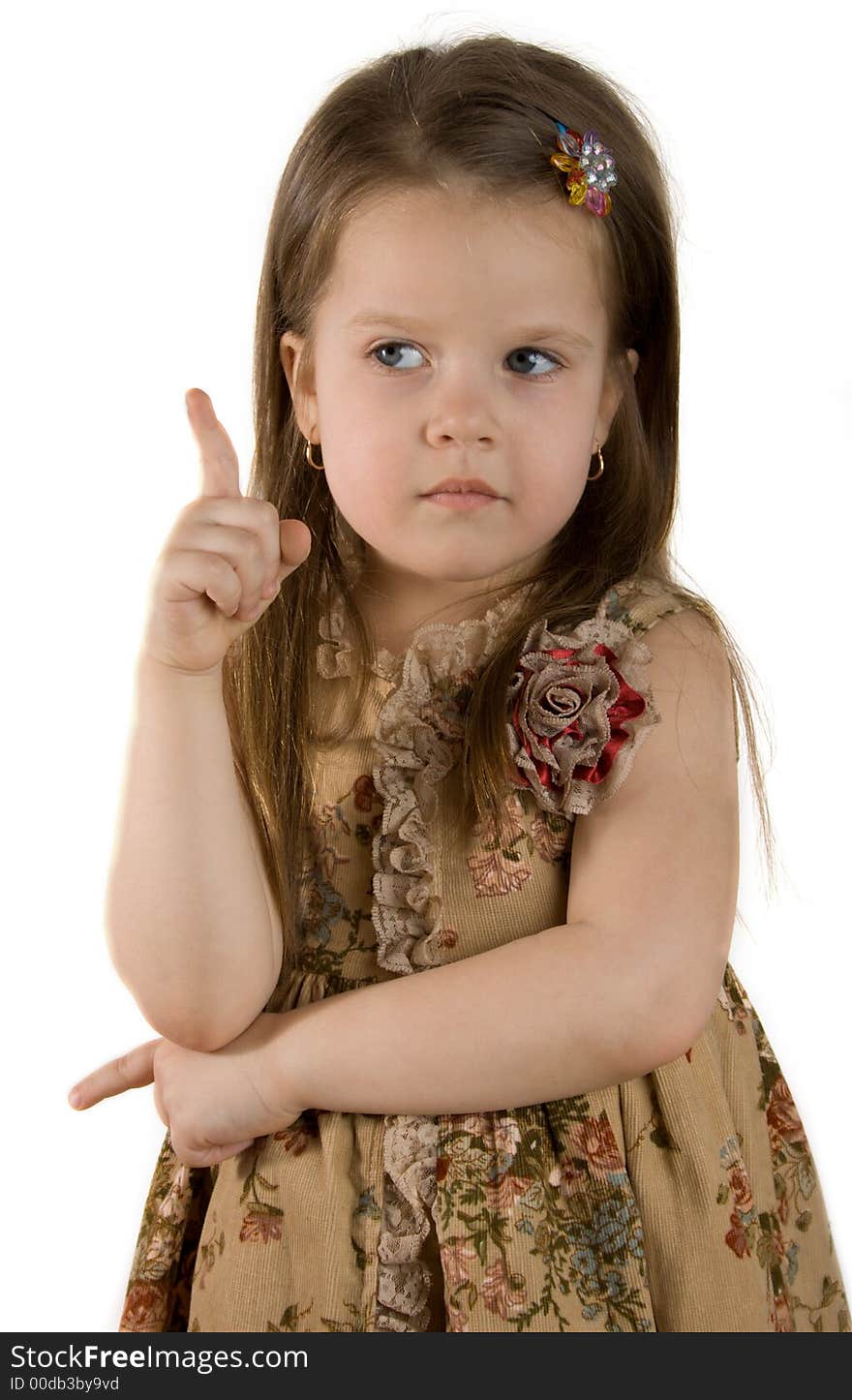 Little girl hand up, white background