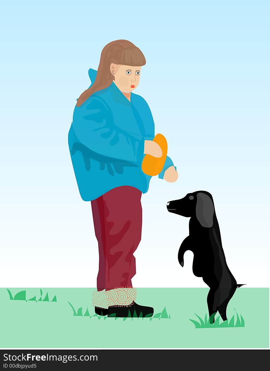 This is an illustration with girl and her black dog. This is an illustration with girl and her black dog.