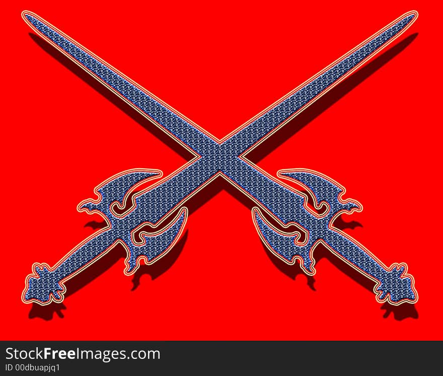 Abstract illustration with blue textured swords on red background. Abstract illustration with blue textured swords on red background