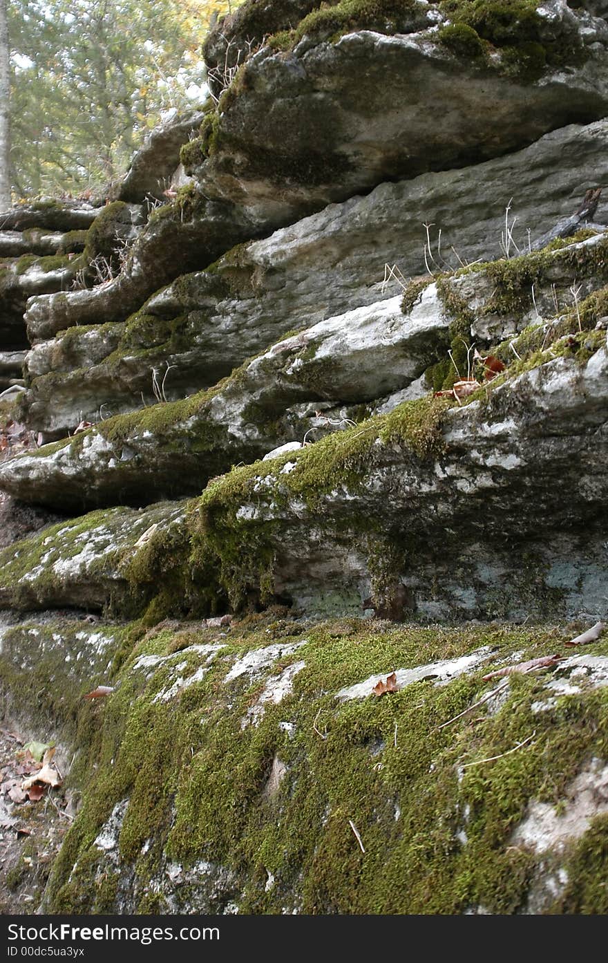 A moss covered rock wall in rural Arkansas. A moss covered rock wall in rural Arkansas.