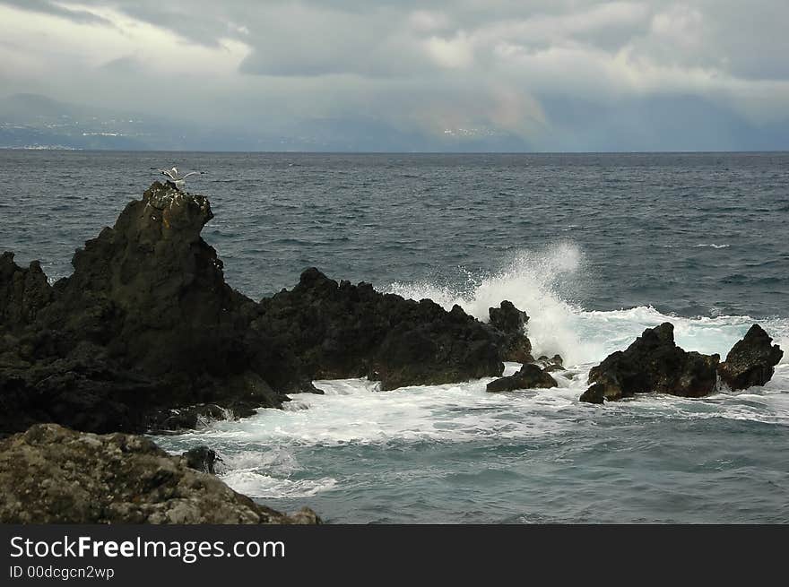 Ocean waves spraying against an Azores Island coastline. Ocean waves spraying against an Azores Island coastline