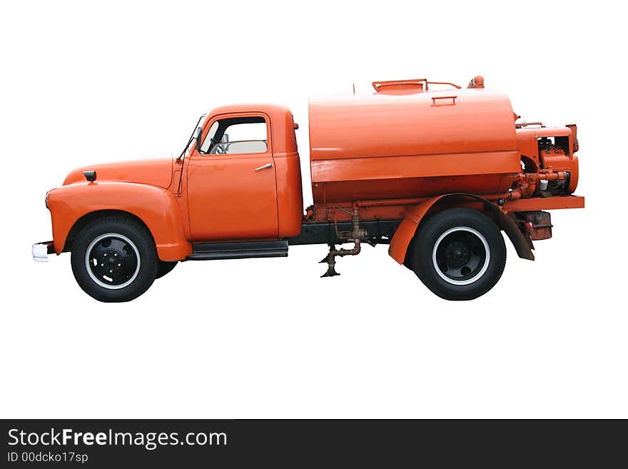 This is a picture on a late 1940s, orange city/county road maintenance tanker truck that is used for spraying oil down on dirt roads to keep the dust down. This is a picture on a late 1940s, orange city/county road maintenance tanker truck that is used for spraying oil down on dirt roads to keep the dust down.