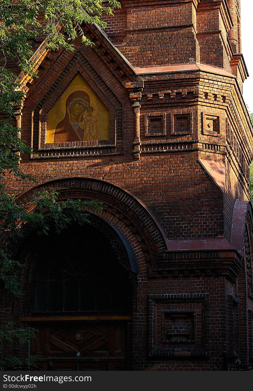 Orthodox red brick church, evening. Orthodox red brick church, evening