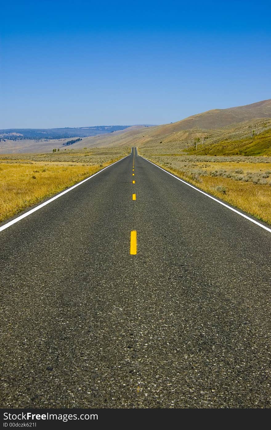 The road leading through the open space of Lamar Valley in Yellowstone National Park. The road leading through the open space of Lamar Valley in Yellowstone National Park