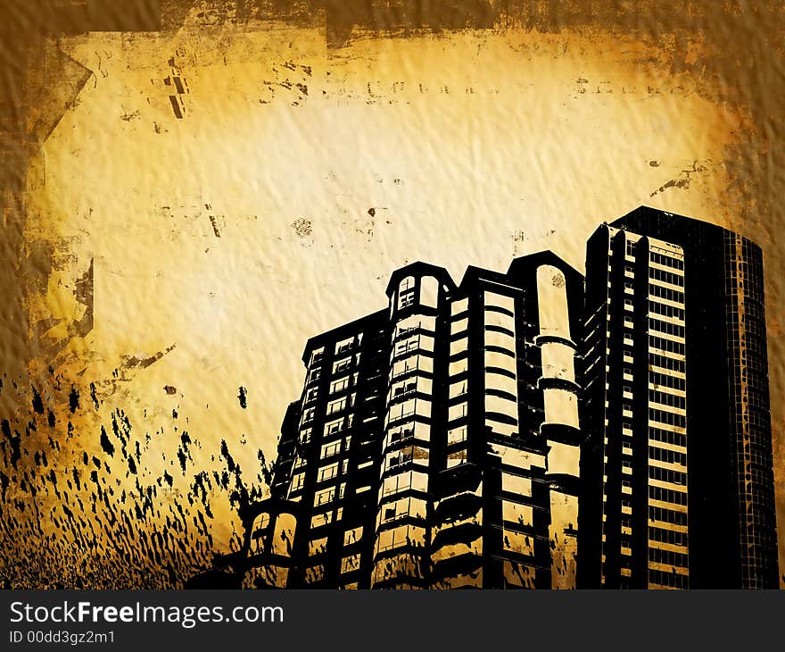 Grunge style background with building silhouette. Grunge style background with building silhouette