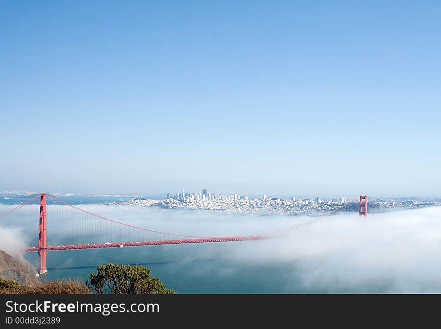 View of the Golden Gate Bridge hidden in clouds