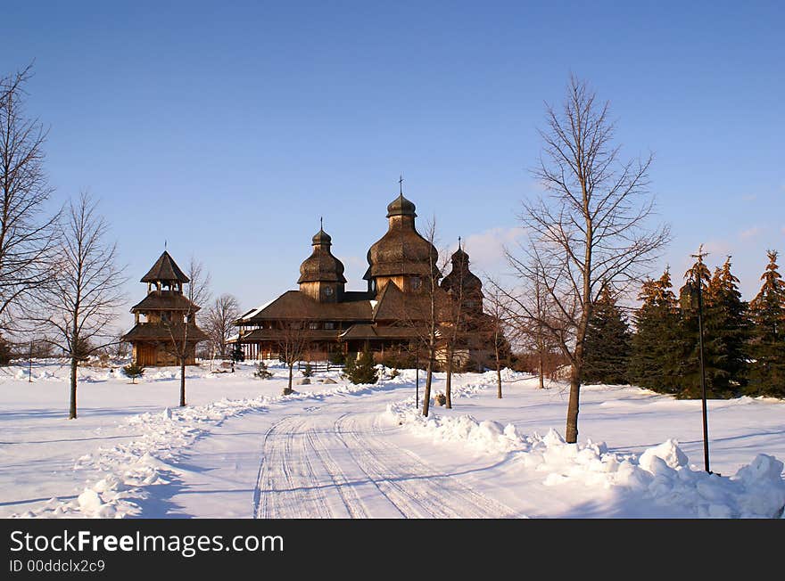 Photo of church building on winter time