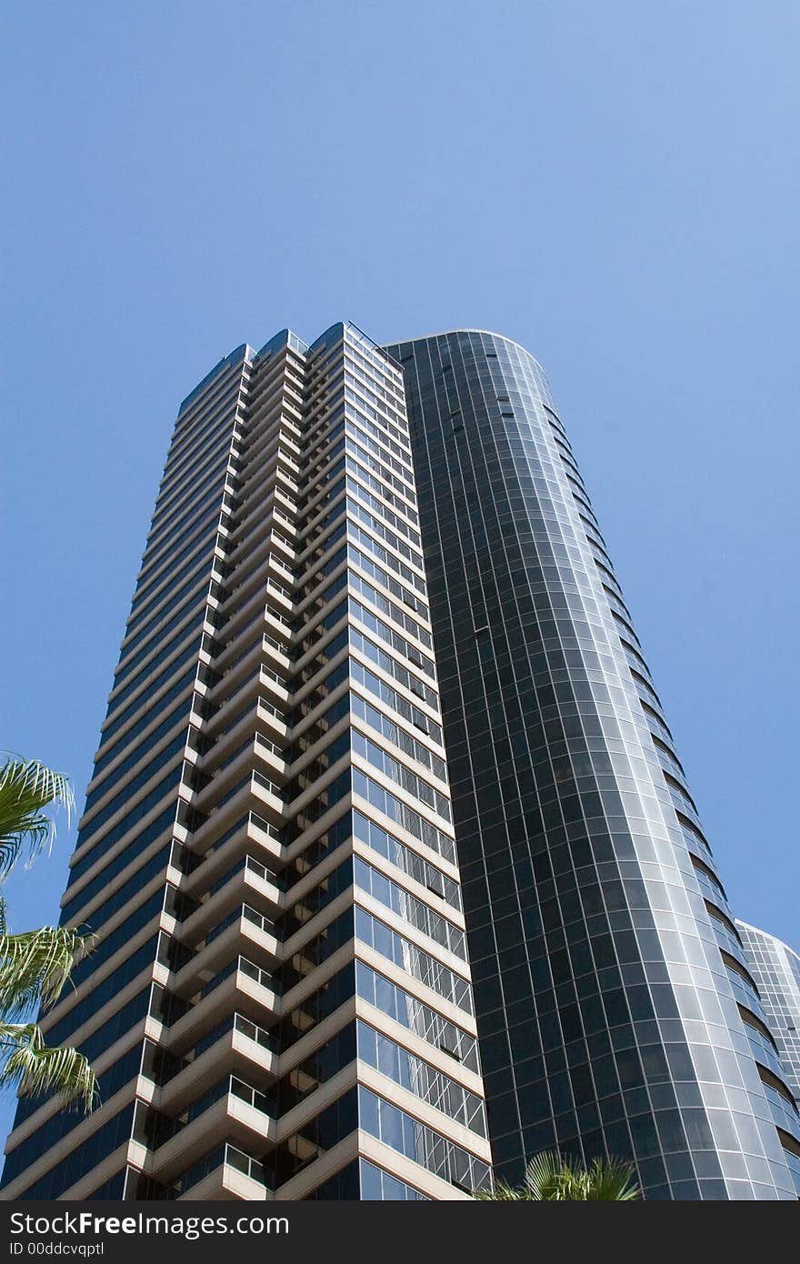 Modern skyscrapers against a bright blue sky